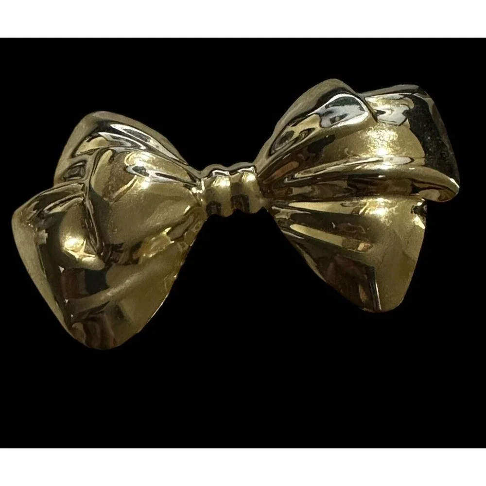 Vintage Bow Ribbon Brooch Gold Tone Dimensional Bow Tie Brooch Large Puffy